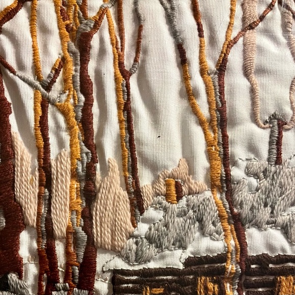 Crewel Embroidery Rustic Cabin Winter Scene Wall Art - Picture 5 of 7